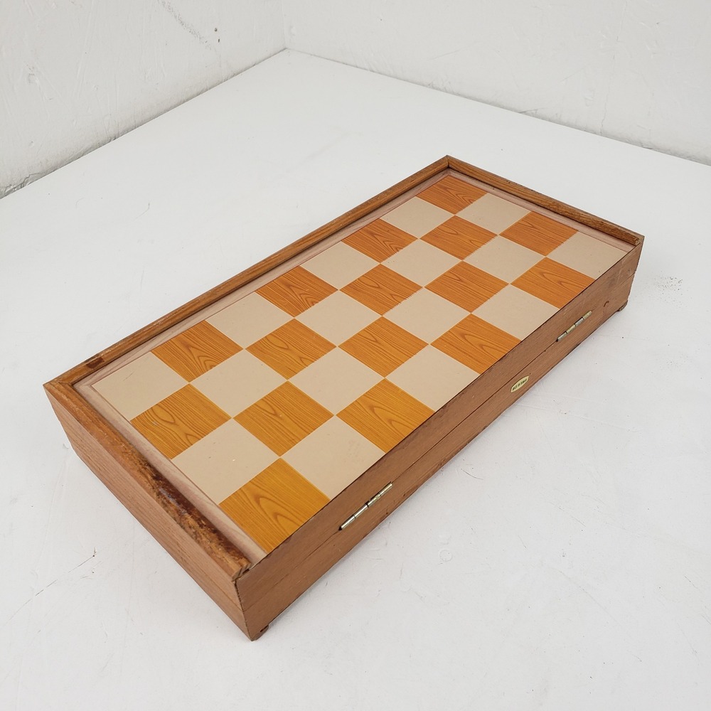 Vintage Wooden Folding Chess Backgammon Checkers Game Set Portable Travel Board
